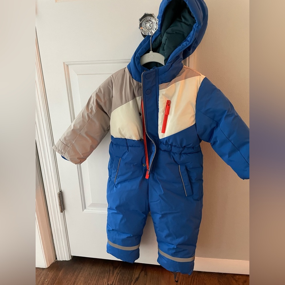 Zara Blue Cream and Gray Kids Puffer Snowsuit with Red Zipper